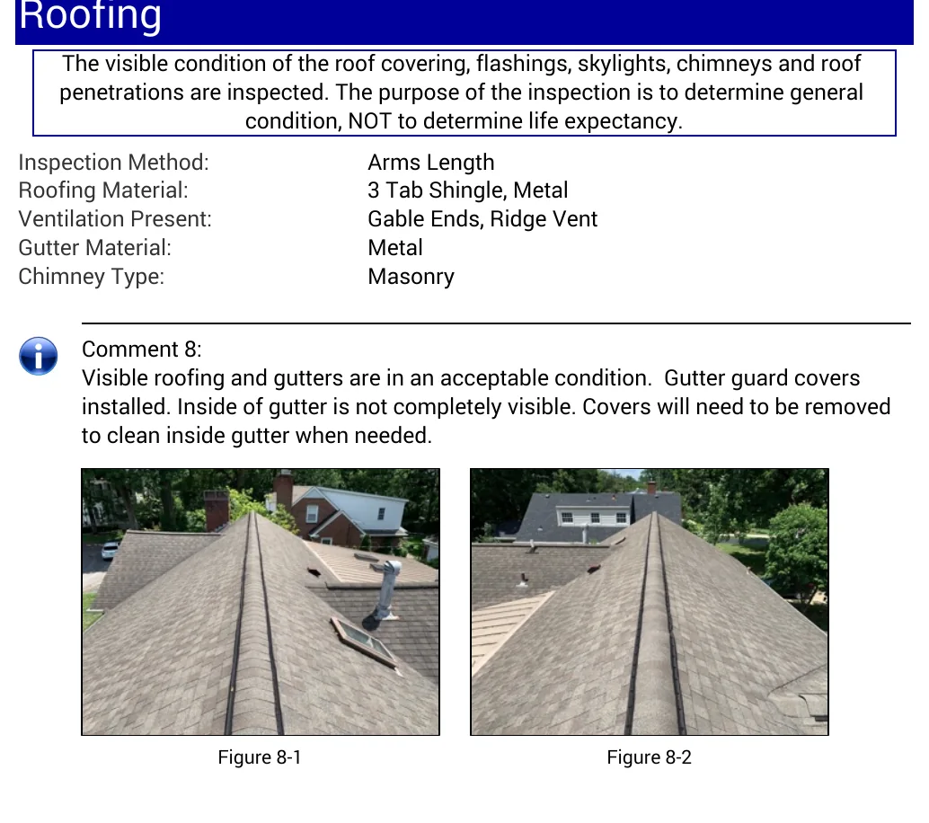 Address-free page from an actual 502 Inspections sample report showing roofing observations and photographs